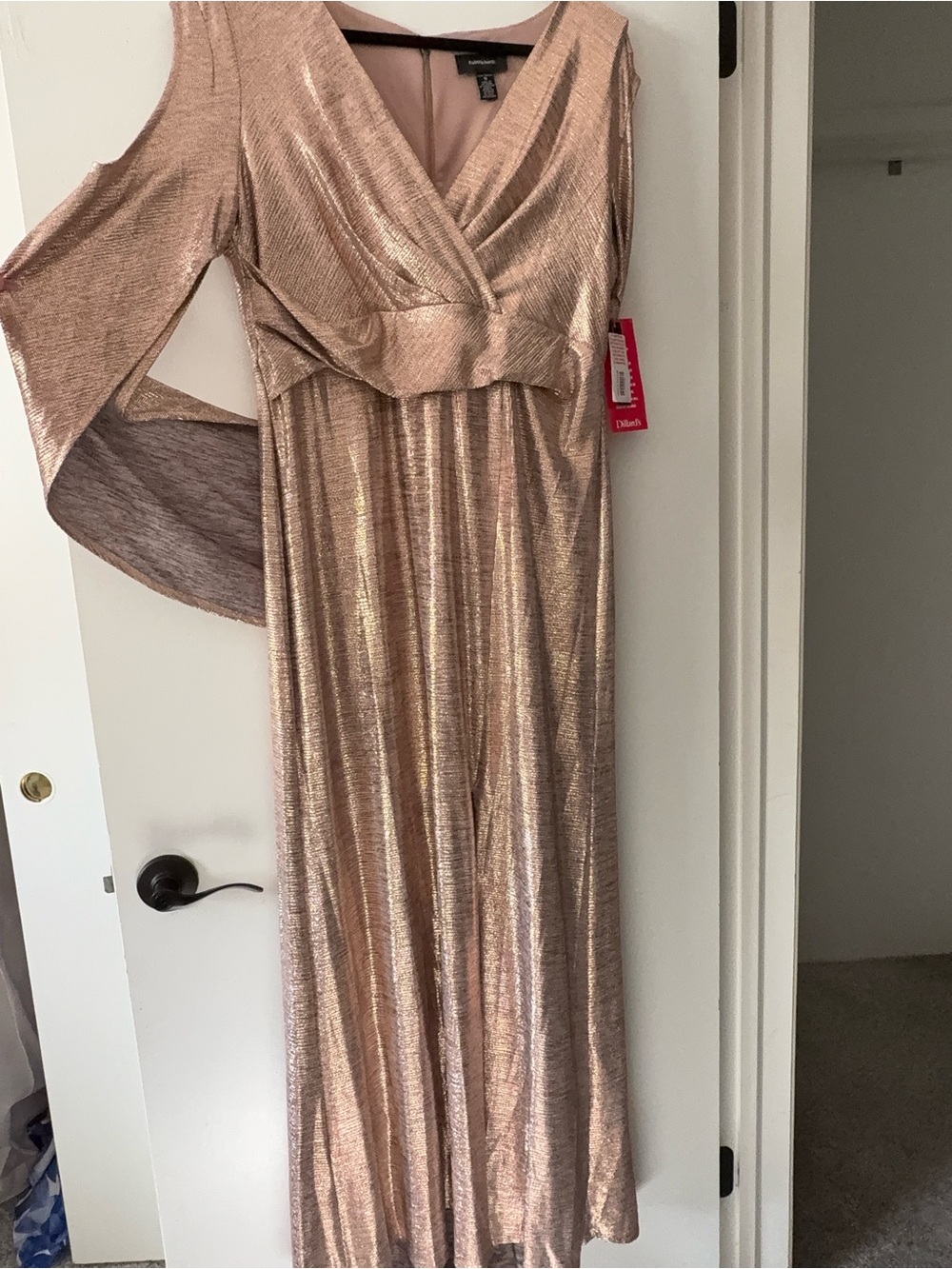 R&M Richards Metallic Rose Gold Cold-Shoulder Wrap Maxi Dress